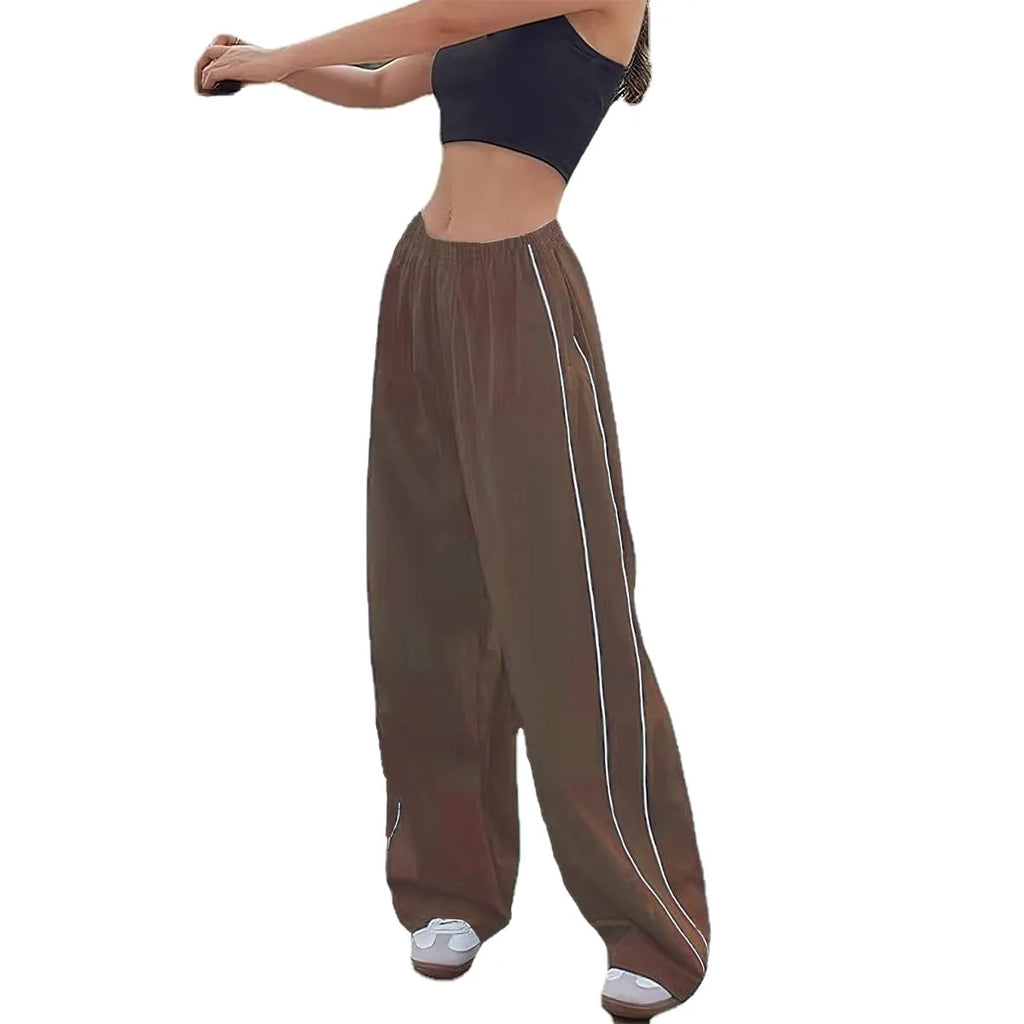 Women's Fashion Drawstring Both Sides Casual Elastic Waist Sports Pants High waist Loose Wide Leg Pants Trousers