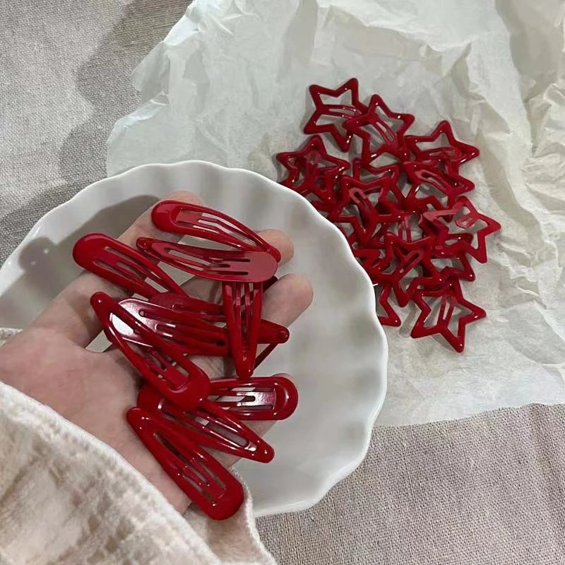 10Pcs/set Red Star Snap Clip for Girl Waterdrop Barrettes Black Hairpin Women Hair Clip Accessories Kawaii BB Clip New Sweet