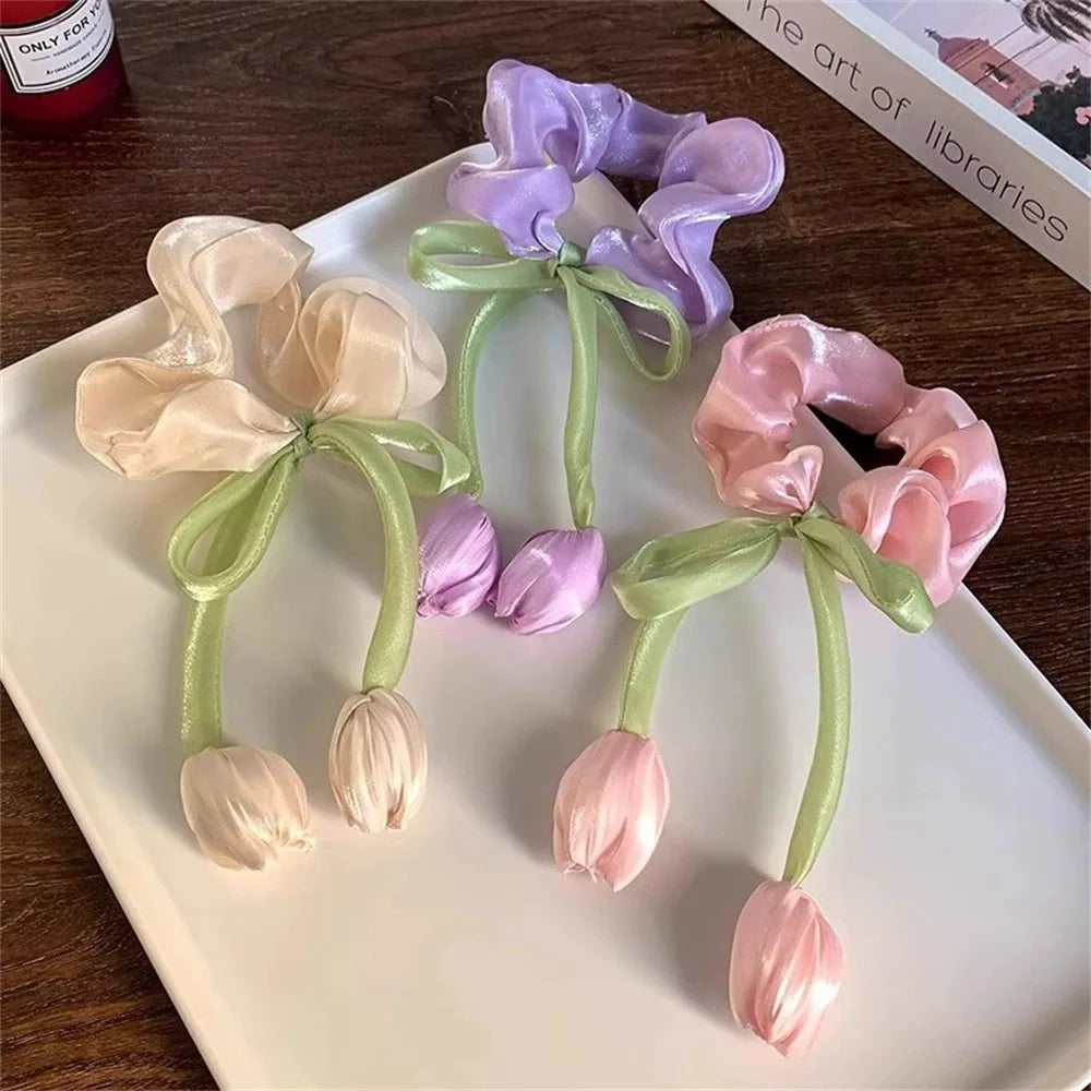 3Pcs Cute Tulip Flower Large Intestine Scrunchie for Women Sweet Headband Hair Band Hair Tie Fashion Girl Hair Accessories