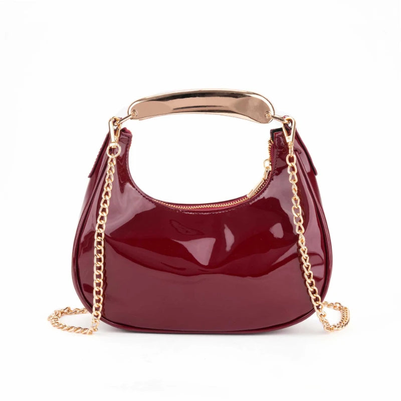 Trendy Burgundy Leather Shoulder Bag Stylish Gold Chain Hobo Bag With Metal Handle Minimalist Half-moon Crossbodybag Evening Bag