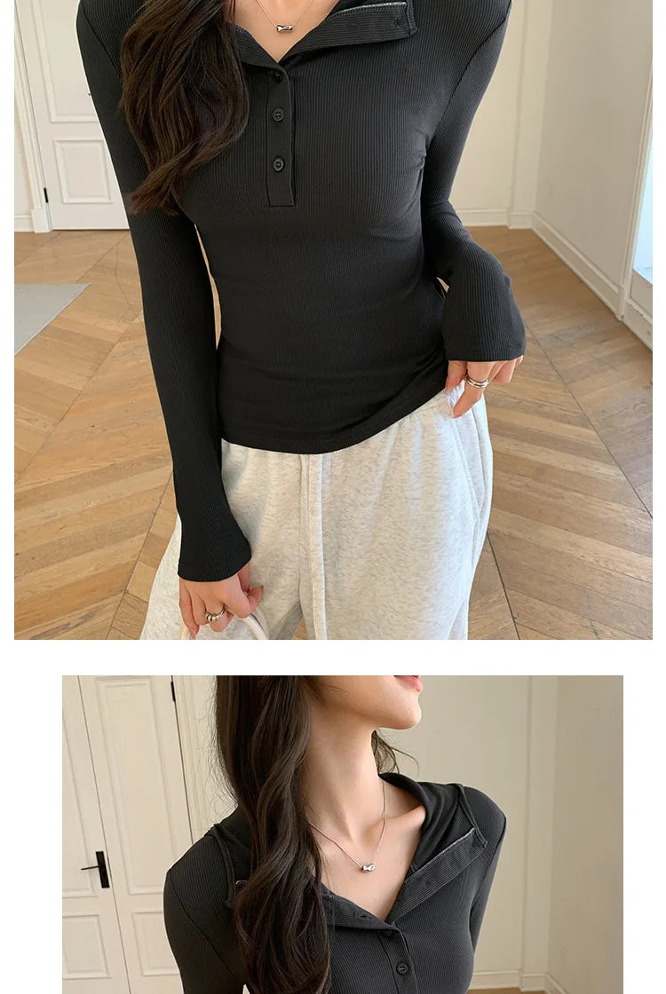 Half-buttoned Hooded Sweatshirt for Women Autumn Winter Striped Inner Layering Shirt Slim Long-sleeved Top T-shirt