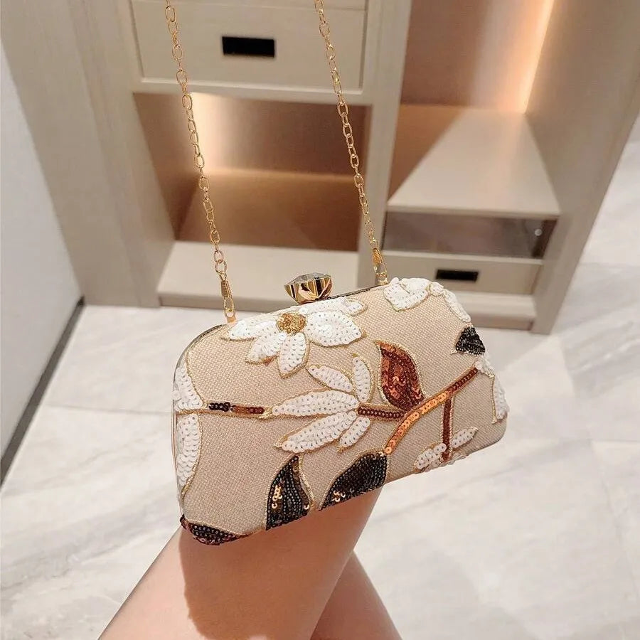 Women Flower Printing Evening Bag sequins Handbag Handmade  Embroidery Clutch Purse Elegant Evening Party Bride Handbag