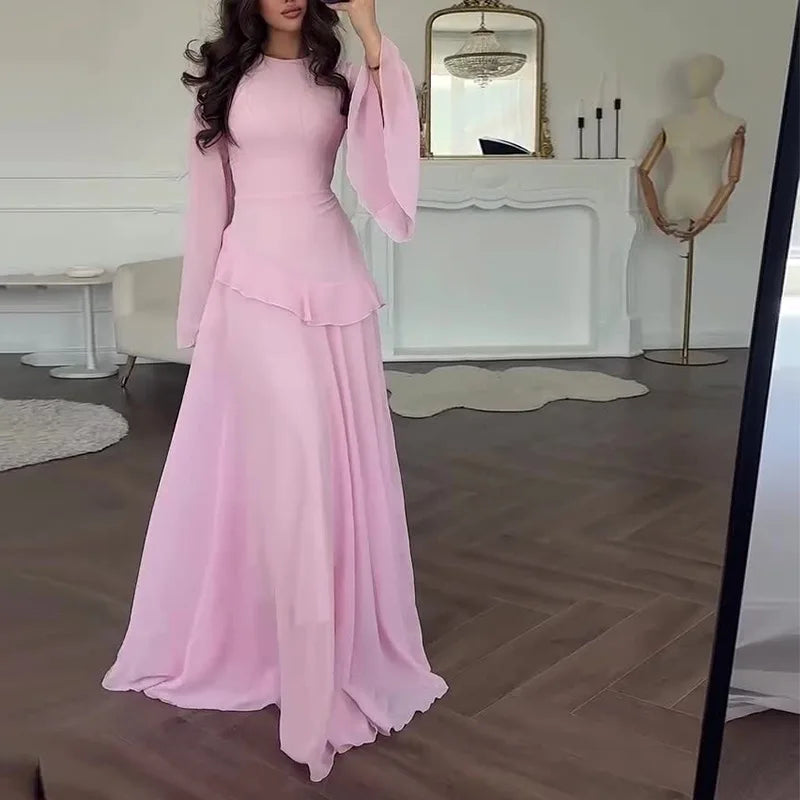Fashion Flare Sleeve Ruff Long Dress Women Solid O-neck High Waist Slim Pleated Maxi Dresses 2025 Lady Summer Chic Party Robes