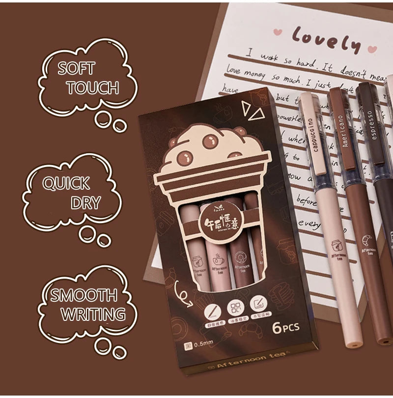 6pcs Afternoon Tea Gel Pens – 0.5mm Black Ink