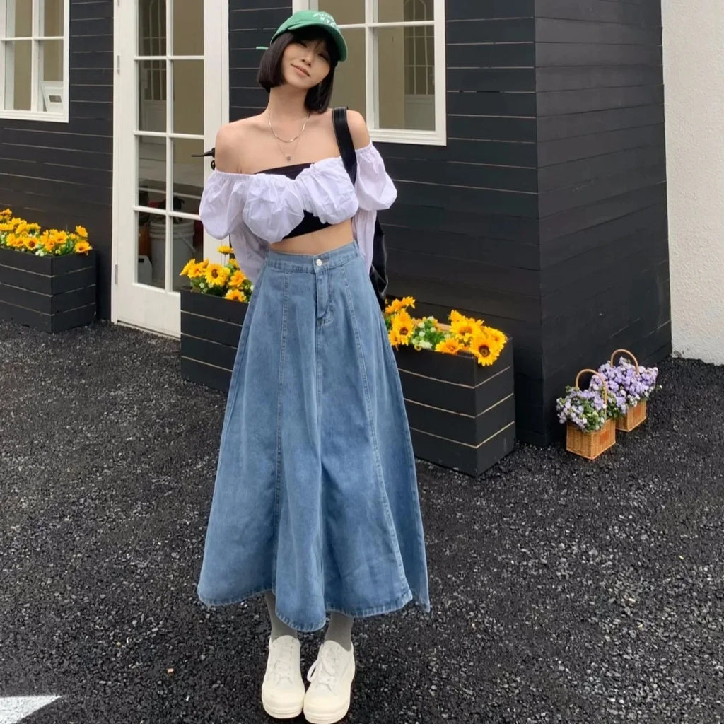 High Waist A- Line Midi Denim Skirt Women's Elastic Waist Design Sensation Slimming Long Skirt Summer Fashion Half-length Skirt