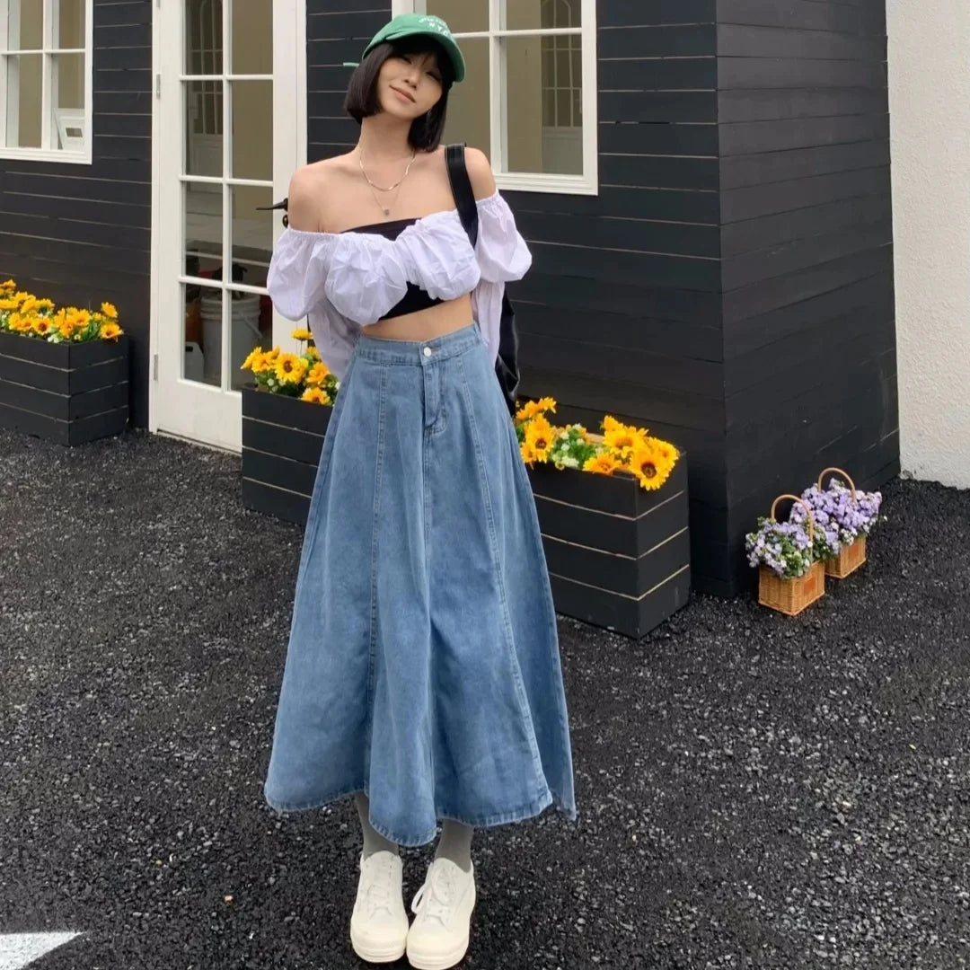 High Waist A- Line Midi Denim Skirt Women's Elastic Waist Design Sensation Slimming Long Skirt Summer Fashion Half-length Skirt