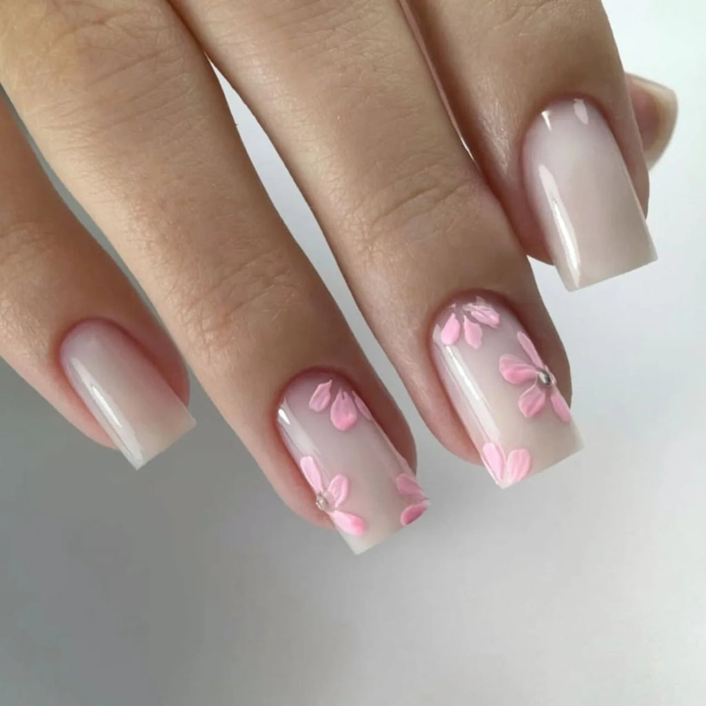 24Pcs Short Almond Press-On Nails Pink Floral French Tip Glossy&Elegant Full Cover Fake Nails for Women&Girls Spring,Daily Wear