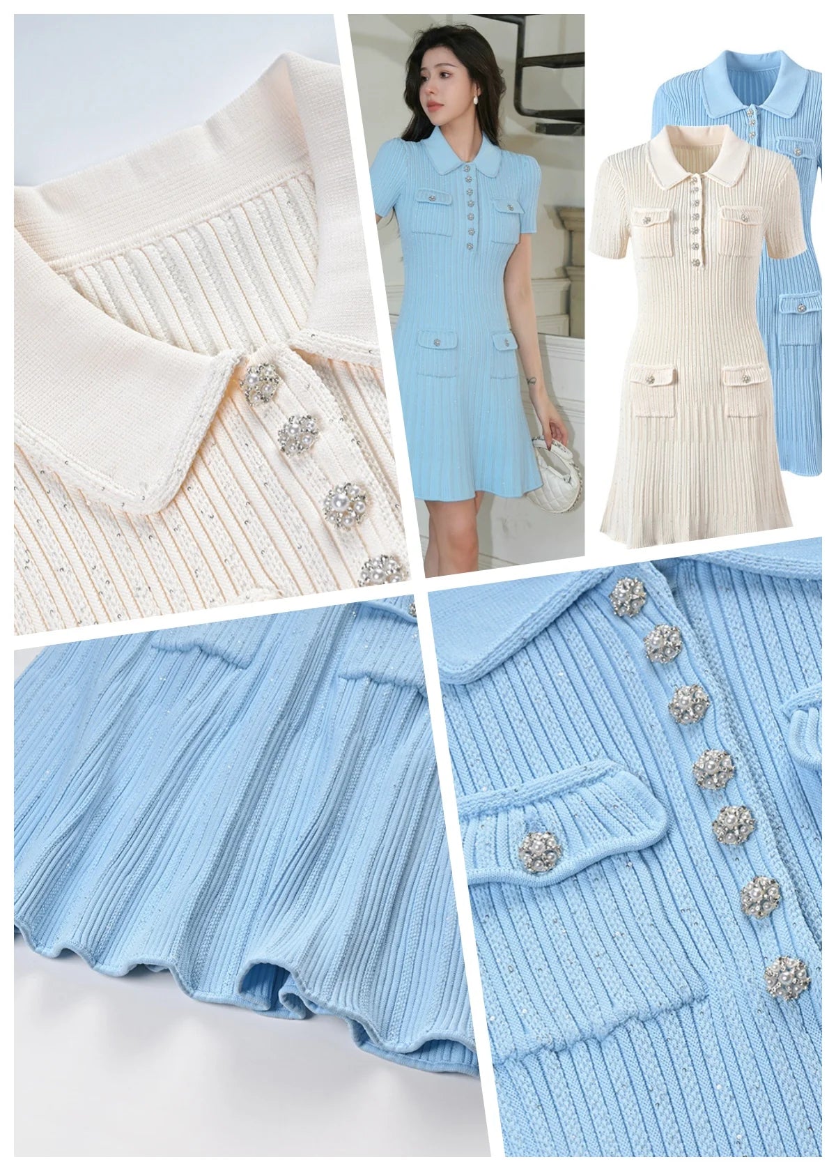 Asian Size Dating Short Dress, Gentle Style, Polo Collar, Diamond Buckle Slimming White Elegant Knitted Skirt, Hip-hugging Dress