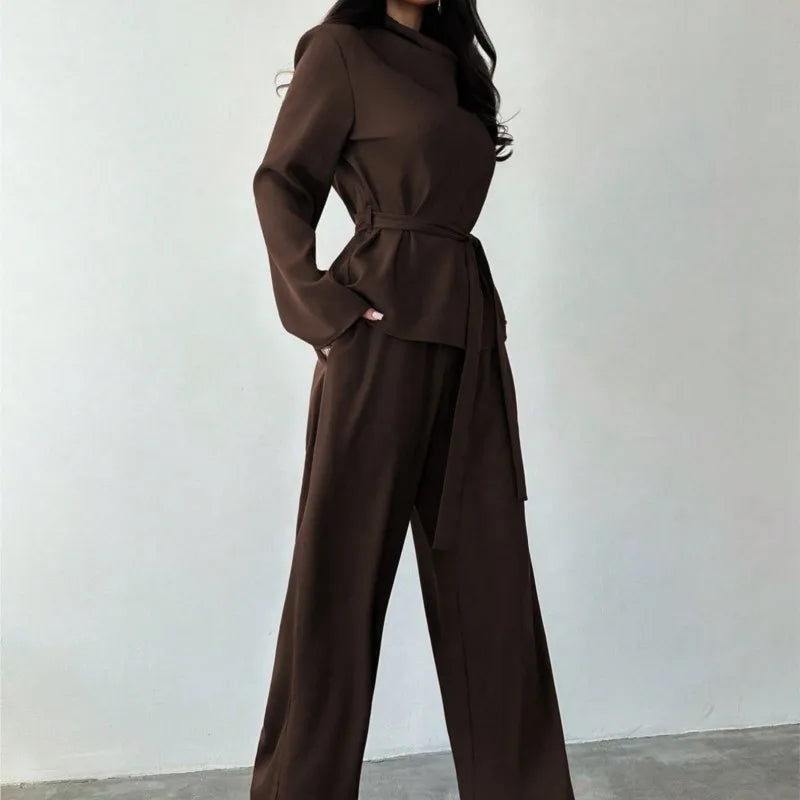 Simple Style Two Piece Outfit 2 Pieces Set For Woman New In Matching Sets Loose Wide Leg Trouser Solid Color All-match Commuting