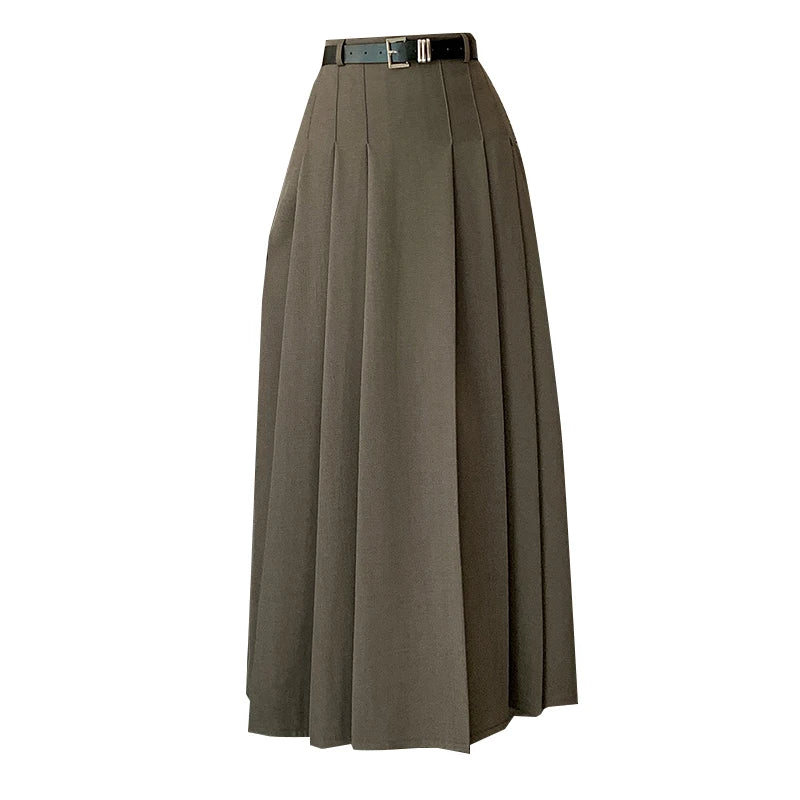 [EWQ] Elegant Solid Color Mid-Length All Match Skirt For Women 2026 Spring Summer Loose High Waist A-Line Pleated Skirts 16O9169