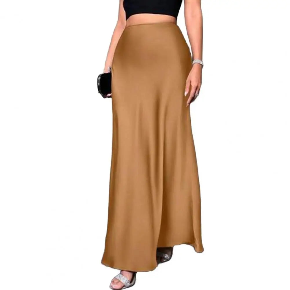 Women Fishtail Skirt Elegant High Waist Flattering Silhouette Satin Skirt Solid Color Smooth Surface A-Line Maxi Skirt