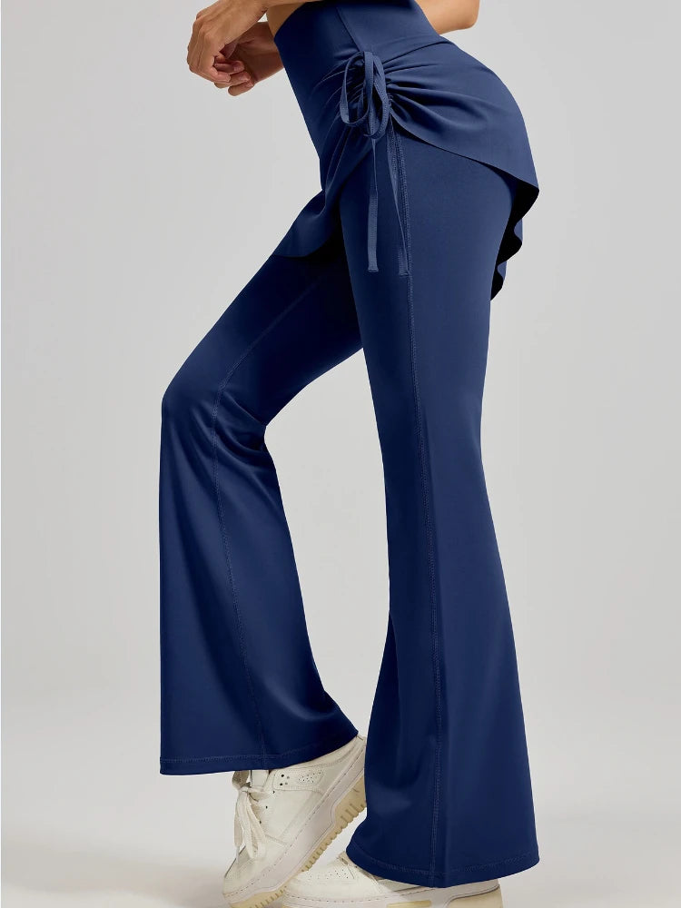 Women's Flared Yoga Pants High Waist Fake Two Piece Drawstring Pleated Wrap Skirt Trouser Tummy Control Running Workout Pants
