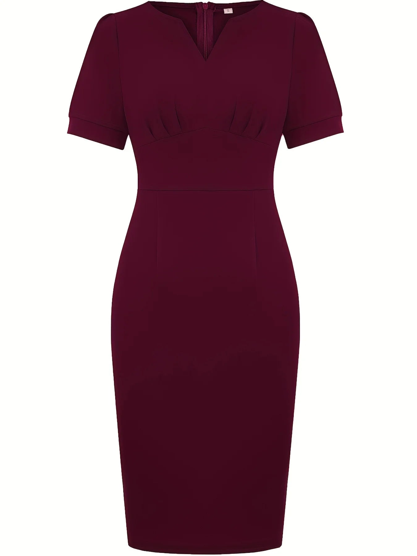 Women Puffy Sleeve V-Veck Vintage Slim Work Office Cocktail Party Knee Length Sheath Bodycon Pencil Slim Dress