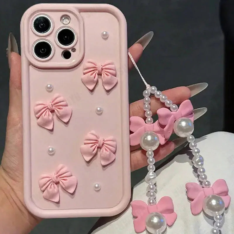 Pearl Bow Chain Phone Case For Redmi Note 14 13 12 11 10 9 8 Pro Plus 11s 13C 12C Women Silicone Back Cover