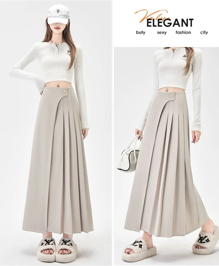SMTHMA Women's High-Waisted Slimming Solid A- Line Skirt New Fashionable Big Umbrella Skirt Autumn/Winter Season Long Skirt