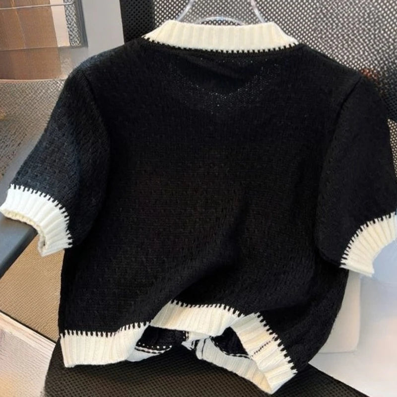 Small Fragrance Thin Cardigan Short Sleeve Single Breasted Pockets Contrast Color Sweaters 2025 Summer Knit Tops Women Clothing