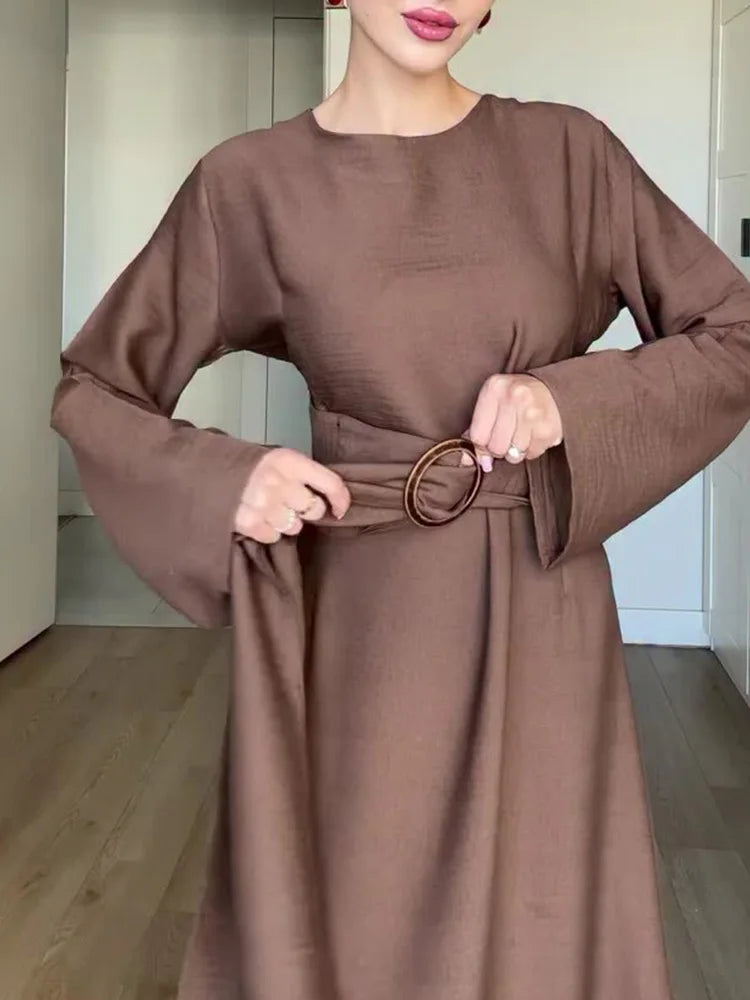 Yitimuceng Elegant Dress for Women Fashion Vintage Long Sleeve Dresses Solid Silm Belt O Neck Midi 2025 New Autumn Winter Dress