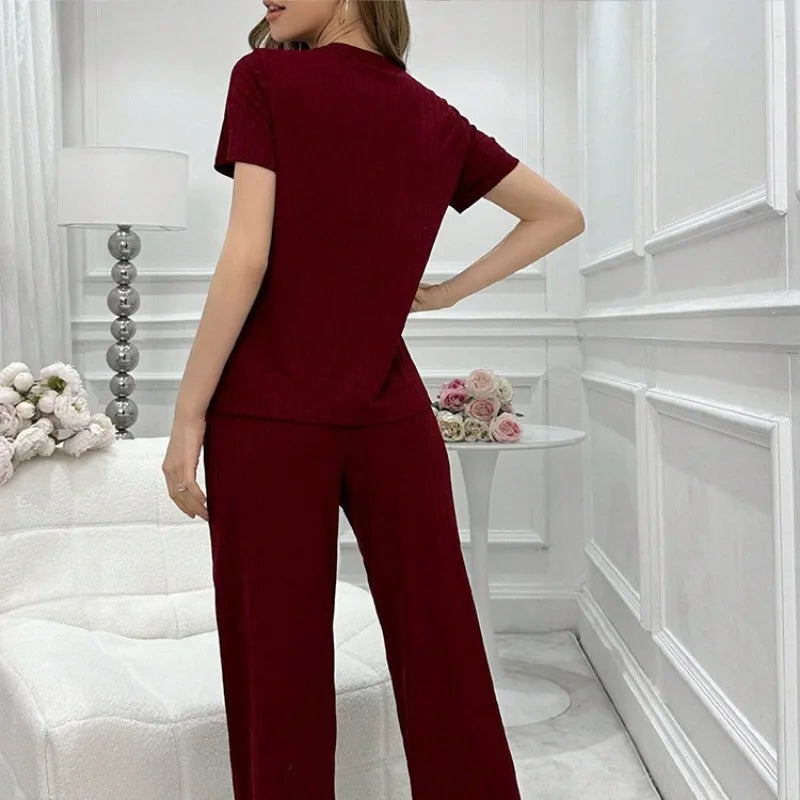 Women Summer Pajamas Set Short Sleeve V-neck Solid Rib T-shirt with Pants Loose Sleepwear Homewear Female Casual Loungewear