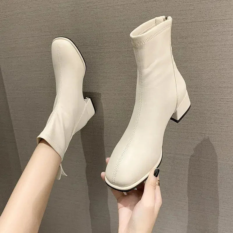 Women's Winter Short Boots White Fleece Lined Square Toe Booties Spring Autumn Seasonal Fashionable Thick Heel Ankle Boots
