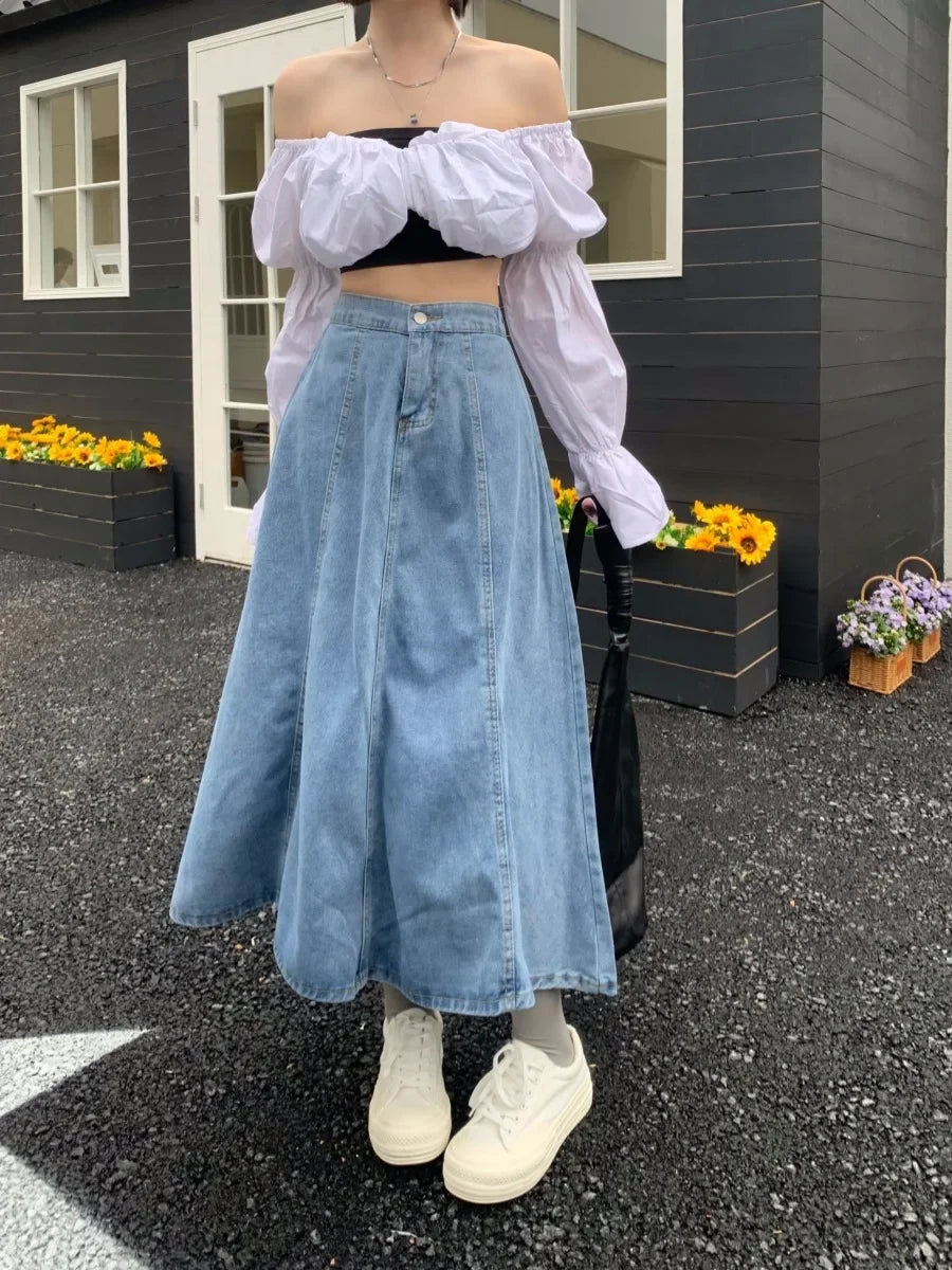 High Waist A- Line Midi Denim Skirt Women's Elastic Waist Design Sensation Slimming Long Skirt Summer Fashion Half-length Skirt