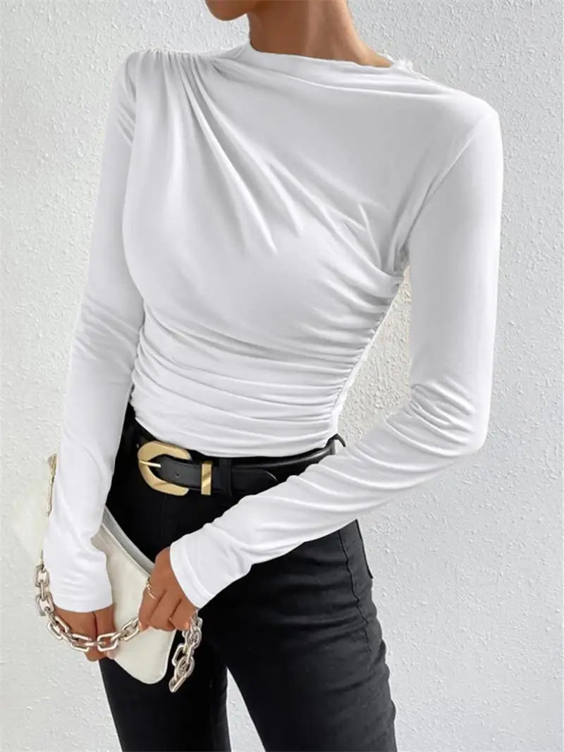 Women's Pleated Long Sleeve T-Shirt Bodycon Fit Polyester Spandex Blend Drawstring Closure  Color European Style Top
