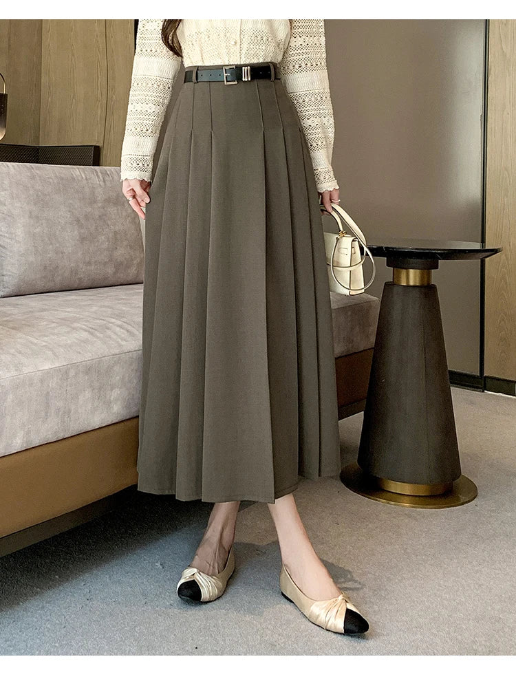[EWQ] Elegant Solid Color Mid-Length All Match Skirt For Women 2026 Spring Summer Loose High Waist A-Line Pleated Skirts 16O9169