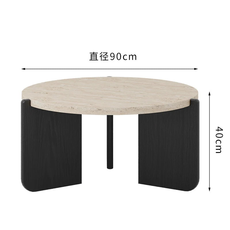 Wabi Sansan Solid Wood Travertine Coffee Table Household Coffee Table Living Room Minimalist Round Natural Travertine Rock Slate