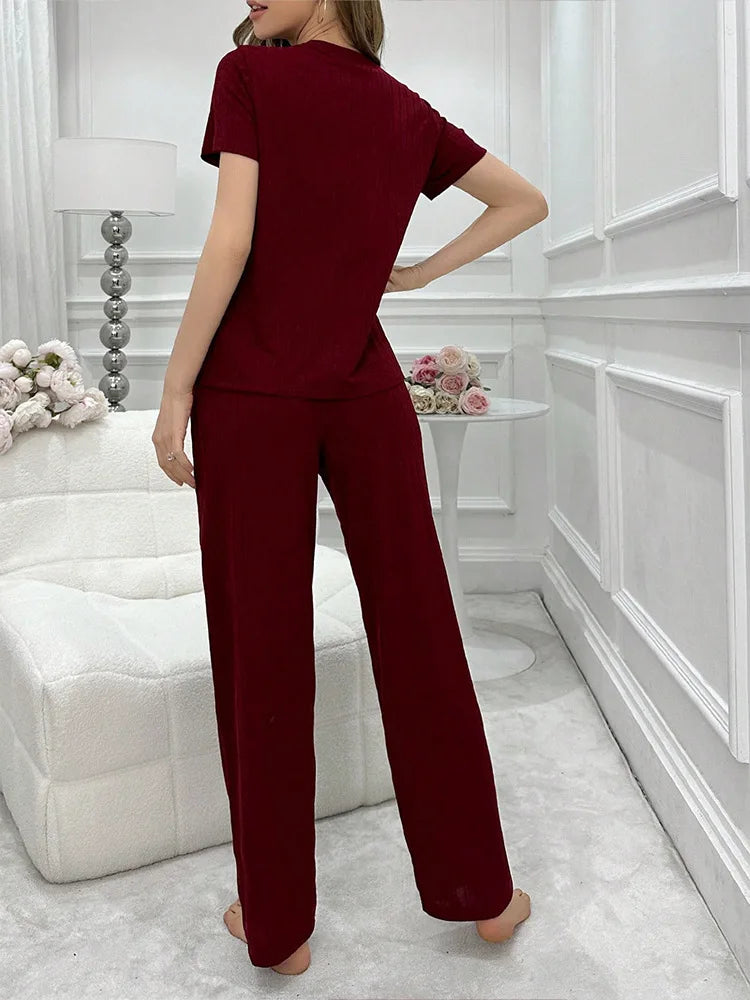 Women Summer Pajamas Set Short Sleeve V-neck Solid Rib T-shirt with Pants Loose Sleepwear Homewear Female Casual Loungewear