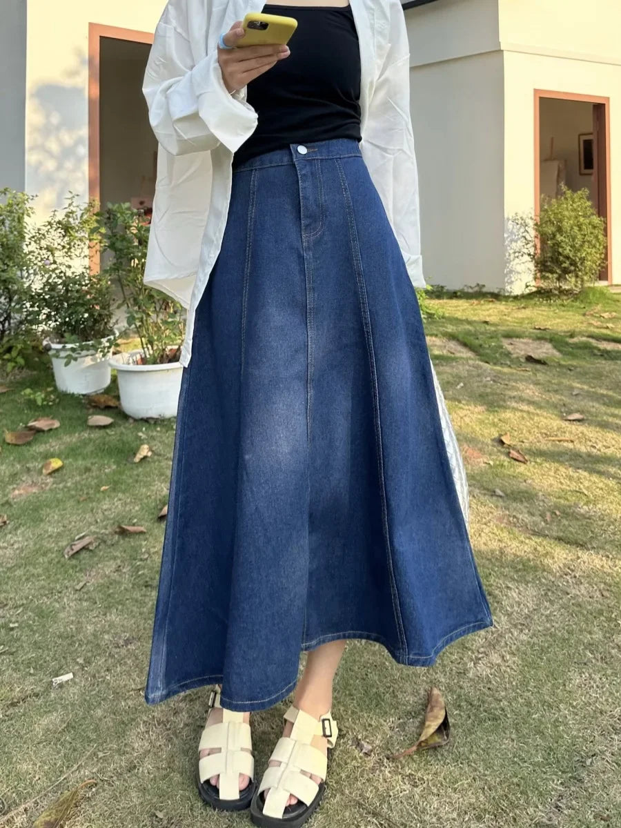 High Waist A- Line Midi Denim Skirt Women's Elastic Waist Design Sensation Slimming Long Skirt Summer Fashion Half-length Skirt
