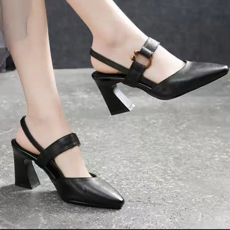 Summer New Women's Backheel Sandals, Square-toed Horseshoe Heel High Heel Fashionable Casual Leather Women's Shoes