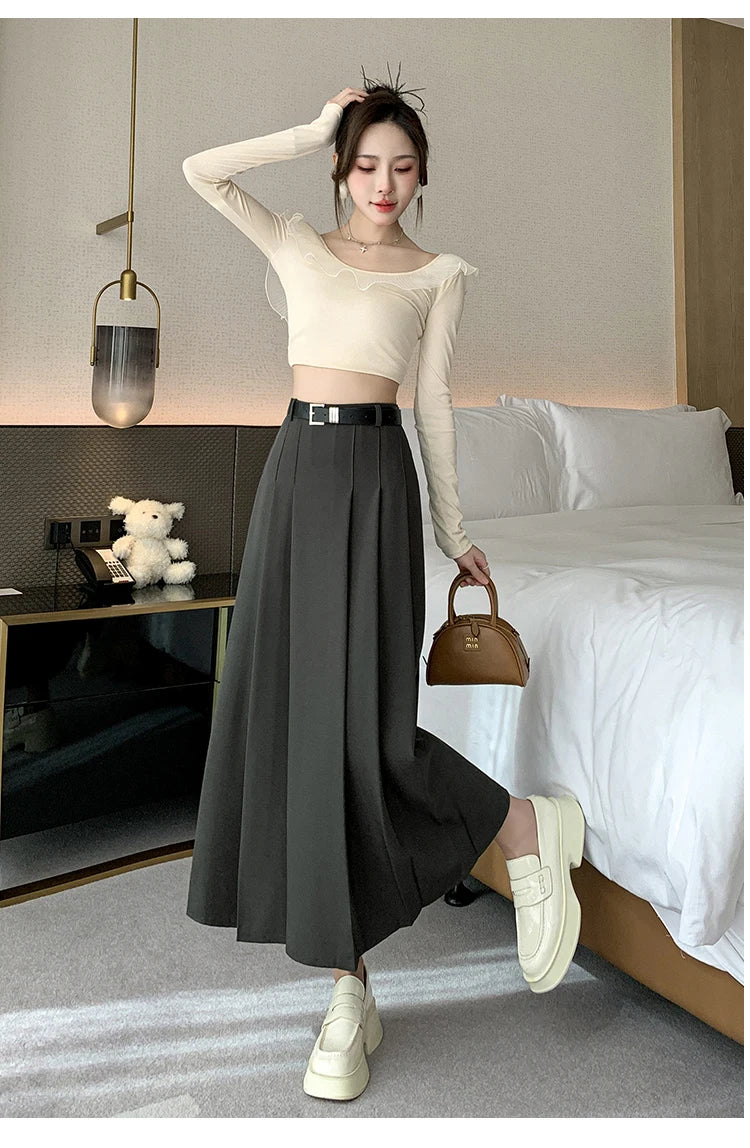 [EWQ] Elegant Solid Color Mid-Length All Match Skirt For Women 2026 Spring Summer Loose High Waist A-Line Pleated Skirts 16O9169