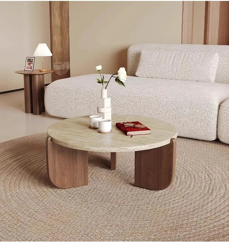 Wabi Sandy Wind Solid Wood Travertine Coffee Table Minimalist Small Tea Table Small Apartment Living Room Household Round Balcon