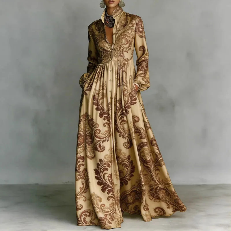 Women's Stand Collar Button Shirt Maxi Dresses Spring Casual High Waist Pocket Hem Long Dress Chic Floral Print Boho Party Dress