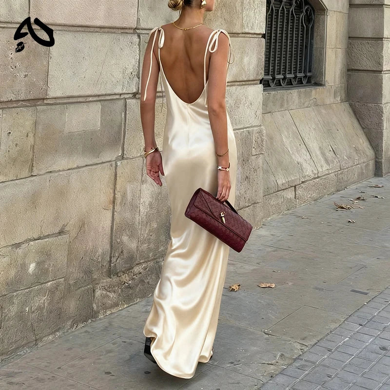 Original Women's Satin Elegant Maxi Dress Sleeveless Sexy Lace-Up Backless Champagne Evening Dress Bridesmaid Long Evening Gown
