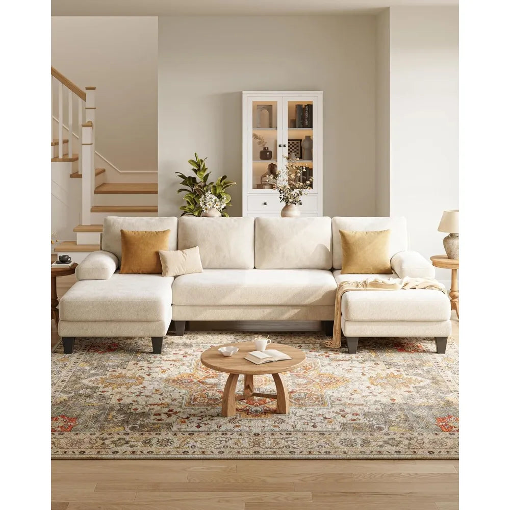 Beige 112-Inch U-Shaped Sectional Sofa with Double Chaise for Apartments