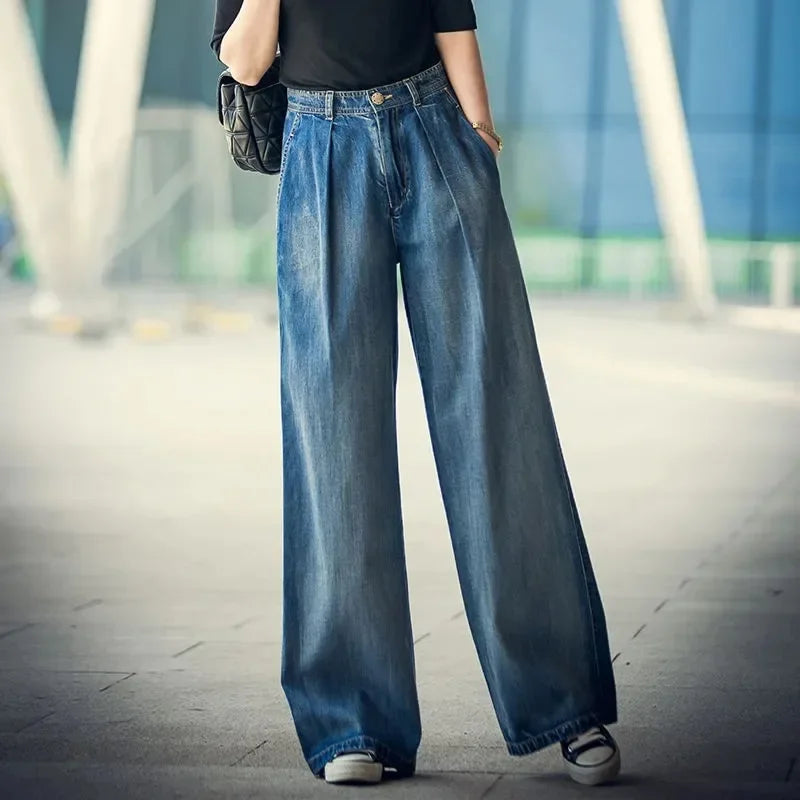 Jeans Wide Leg Pants Women High Waist Washed Distressed Pockets Basics Straight Trousers Denims Streetwear Vintage Floor Length
