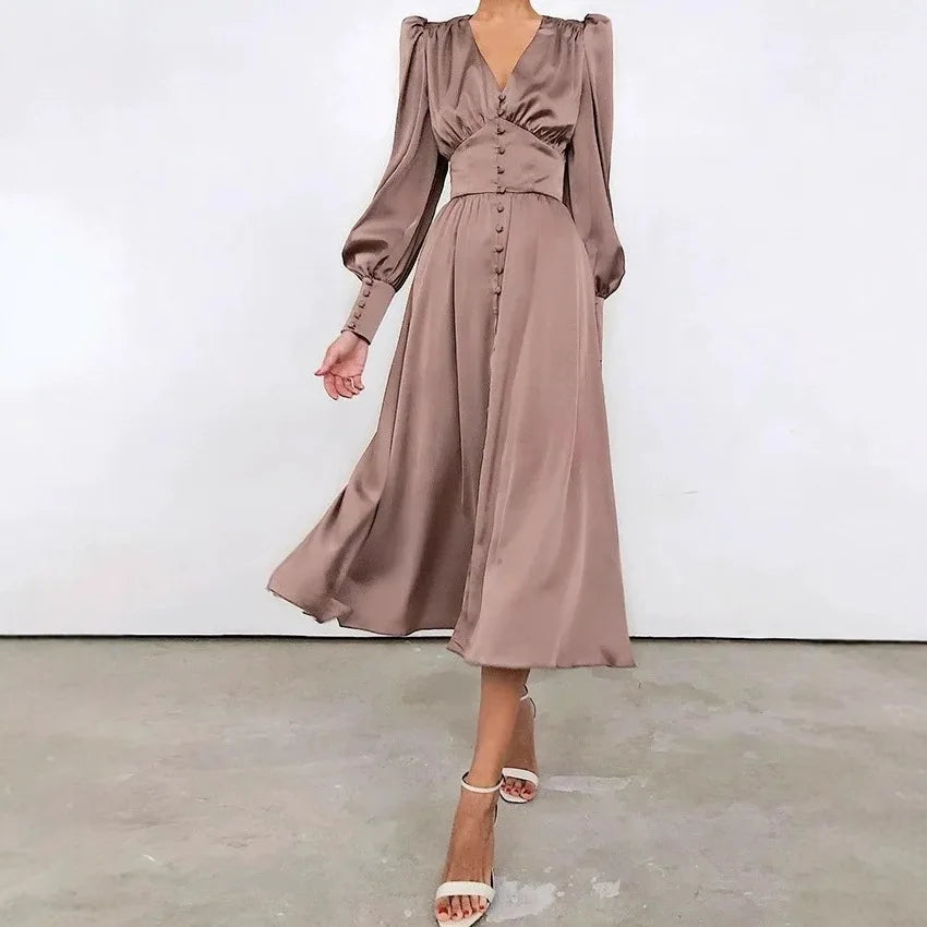 2026 Women's Fashion Satin Dress Lantern Sleeve Waist Slimming Style Elegant Slim Long Dress