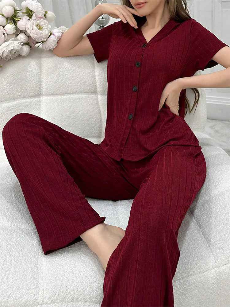 Women Summer Pajamas Set Short Sleeve V-neck Solid Rib T-shirt with Pants Loose Sleepwear Homewear Female Casual Loungewear