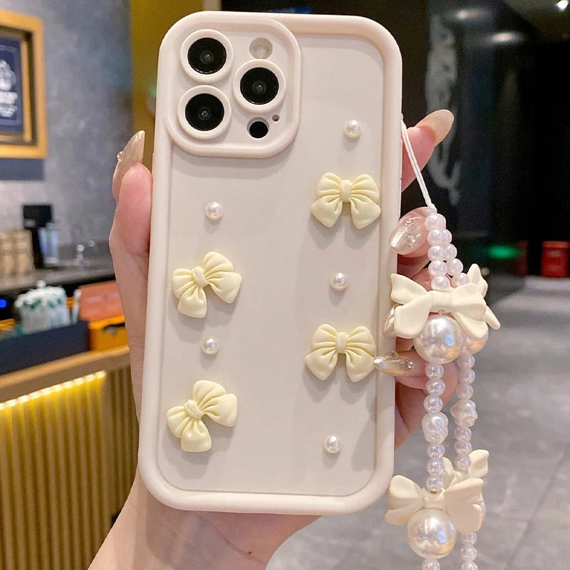 Pearl Bow Chain Phone Case For Redmi Note 14 13 12 11 10 9 8 Pro Plus 11s 13C 12C Women Silicone Back Cover
