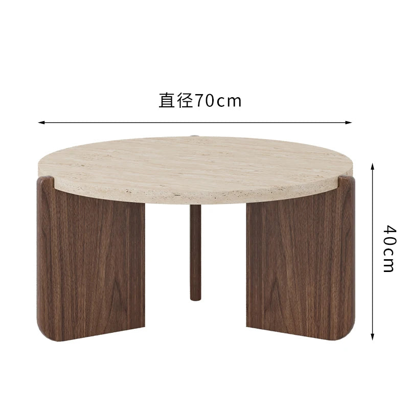 Wabi Sansan Solid Wood Travertine Coffee Table Household Coffee Table Living Room Minimalist Round Natural Travertine Rock Slate