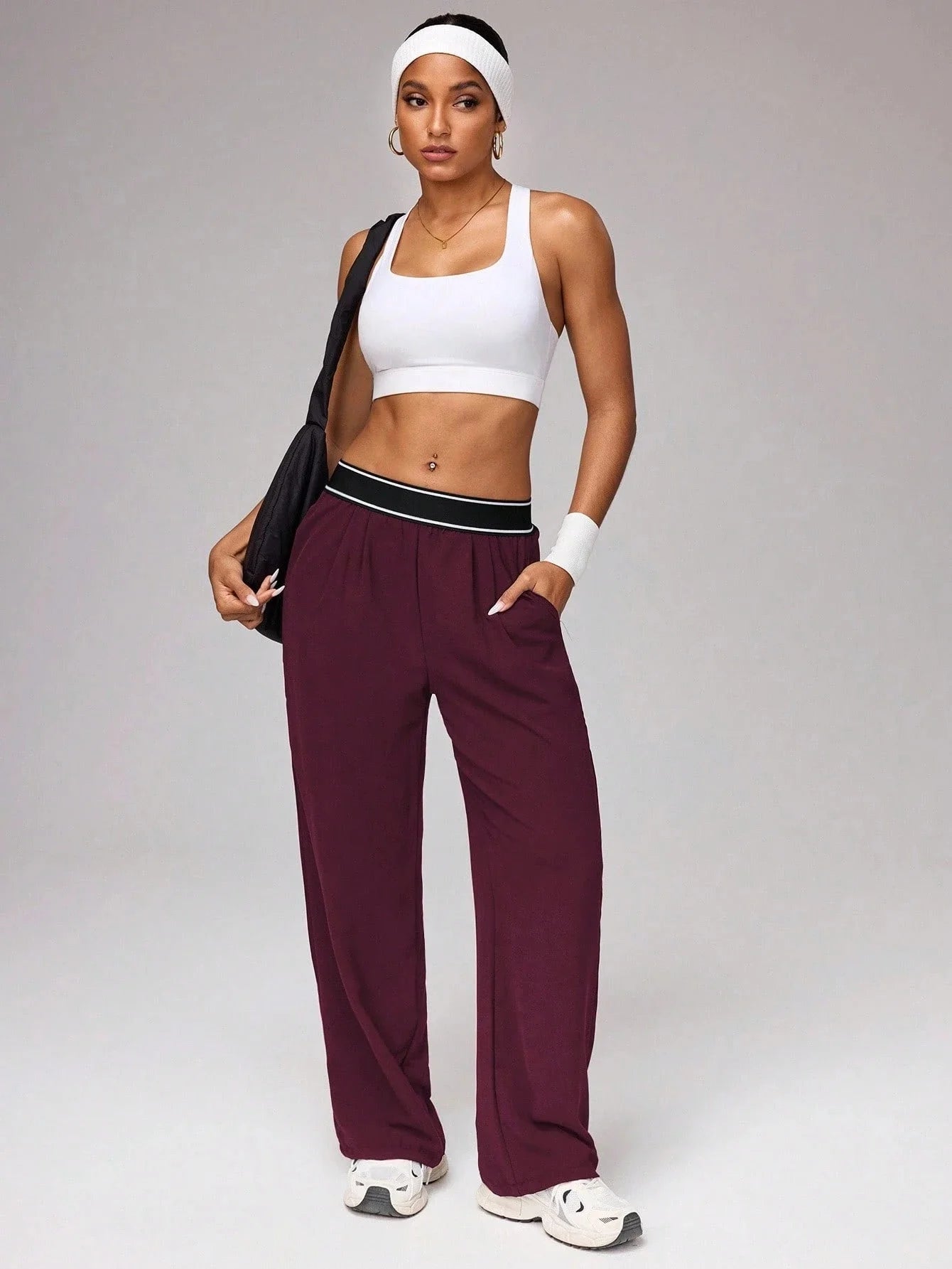 Women's High Waist Wide Leg Pants, Striped Waistband Loose Fit Casual Trousers, Lightweight Breathable Workout Joggers