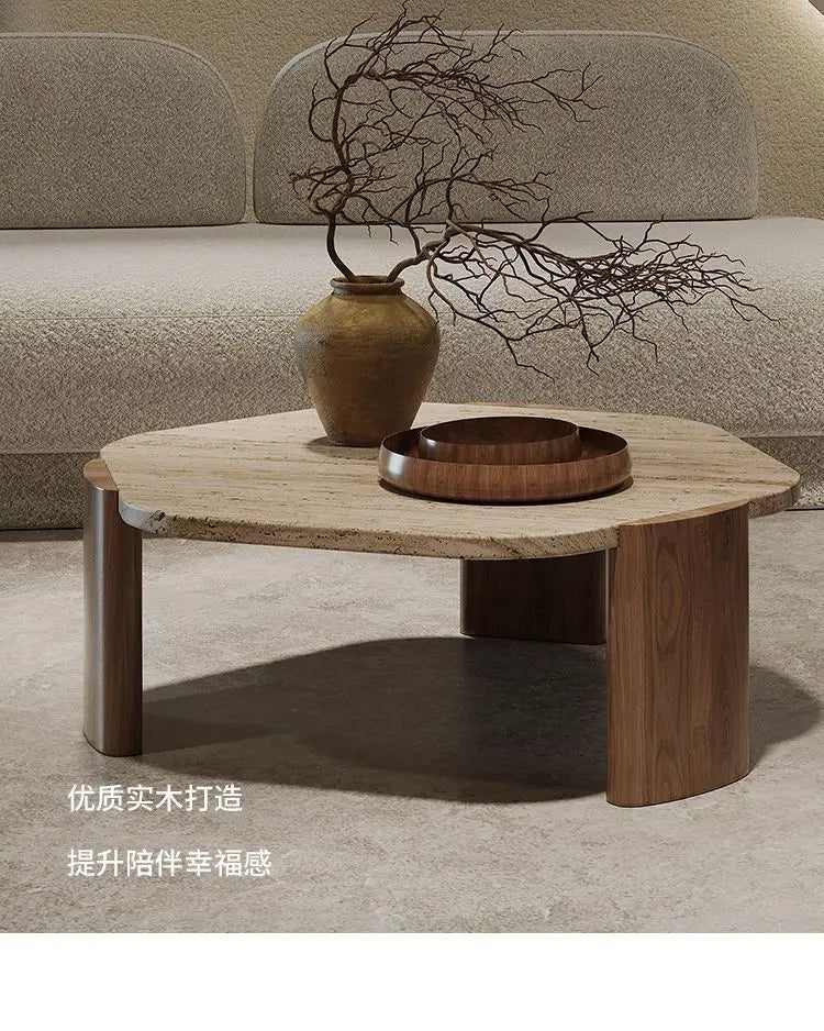 Solid wood travertine coffee table small tea small apartment living room household round balcony special-shaped rock slab Intern