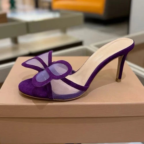 2025 New High Heels Slippers Women Mesh Big Butterfly-knot Thin Heels Lazy Sandals Summer Slides Fashion Party Dress Shoes