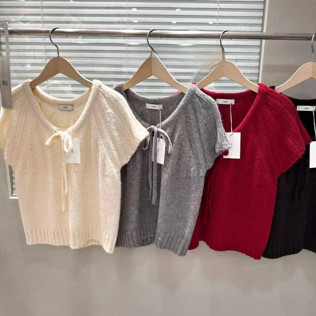 Loose ort Sve Knitted Sweater Women's Dstring Knot  Knot Overhead Sweatirt Casual Sle Online Exclusive