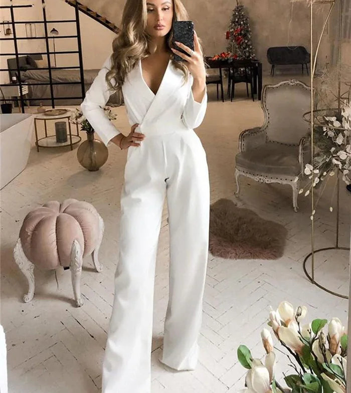 Spring Summer  Jumpsuit Women Mid Waist Elegant Commuting Long Sleeve Suit Overalls Wide Leg Pant Casual Solid Waist Jumpsuit