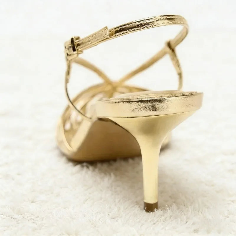 Luxury Gold Narrow Strap Heeled Sandals Women Sexy Pointed Toe Back Strap Roman Style Pumps Elegant Fashion Banquet Wedding Shoe