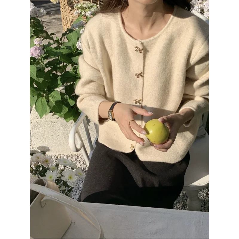 Women Korean Style Sheep Cashmere Elegant Sweater Cardigan Autumn Winter New Style Gentle Style Slimming Knitted Coat