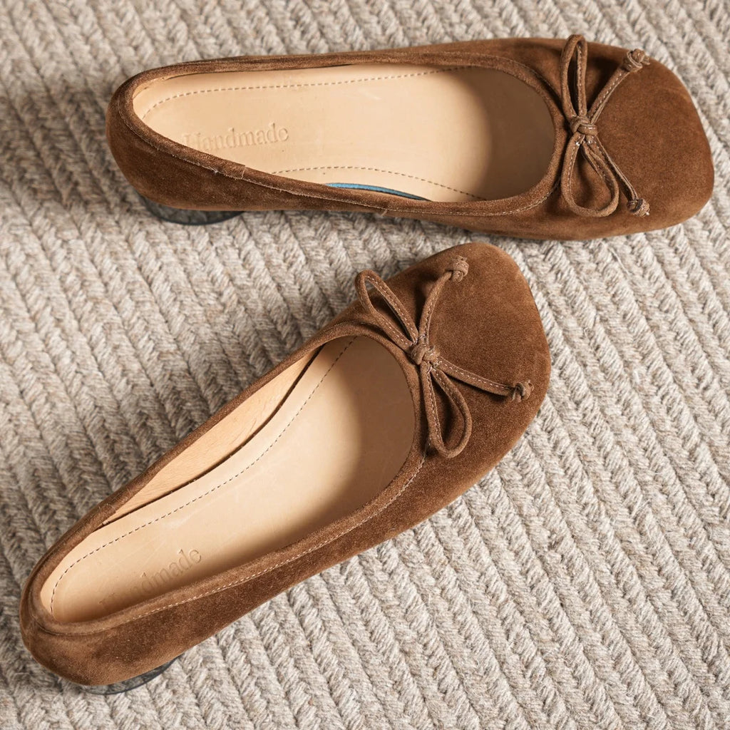 Women's natural suede leather square toe slip-on flats 3cm round low heel sweet bowtie casual female four season shoes for woman