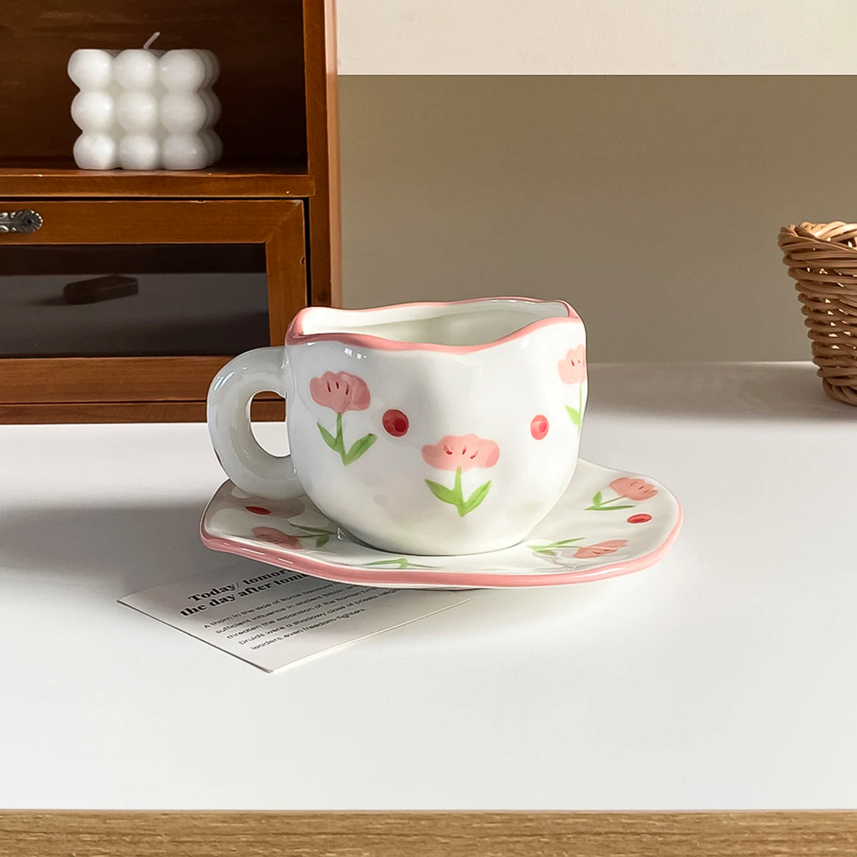 Nordic Hand-Painted Ceramic Coffee Mug & Saucer