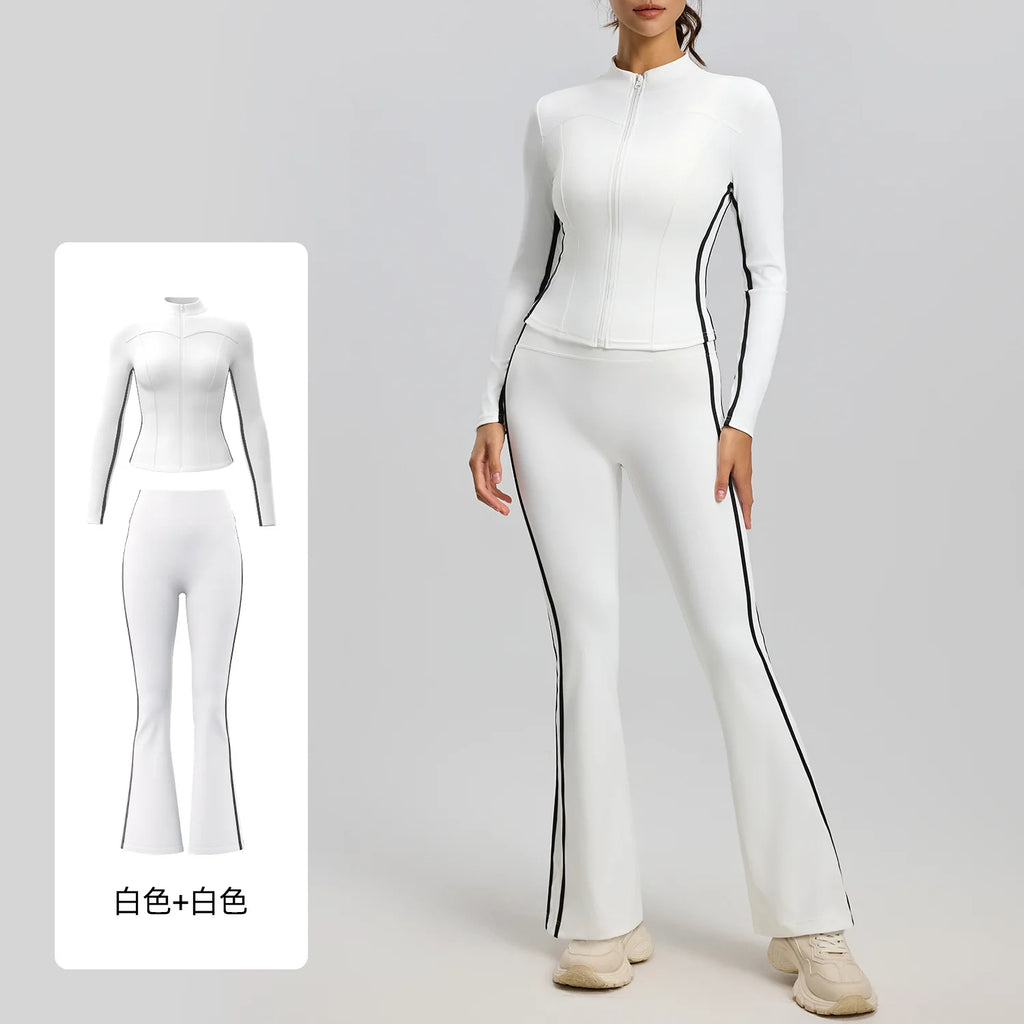 Striped 2pcs Yoga Gym Set Women Long Sleeve Zipper Sport Jacket Hip Lifting Leggings Fitness Running Tops Flare Pants Tracksuit